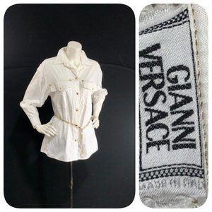 Vintage 1980s GIANNI VERSACE white blouse top. Double breast pocket button up